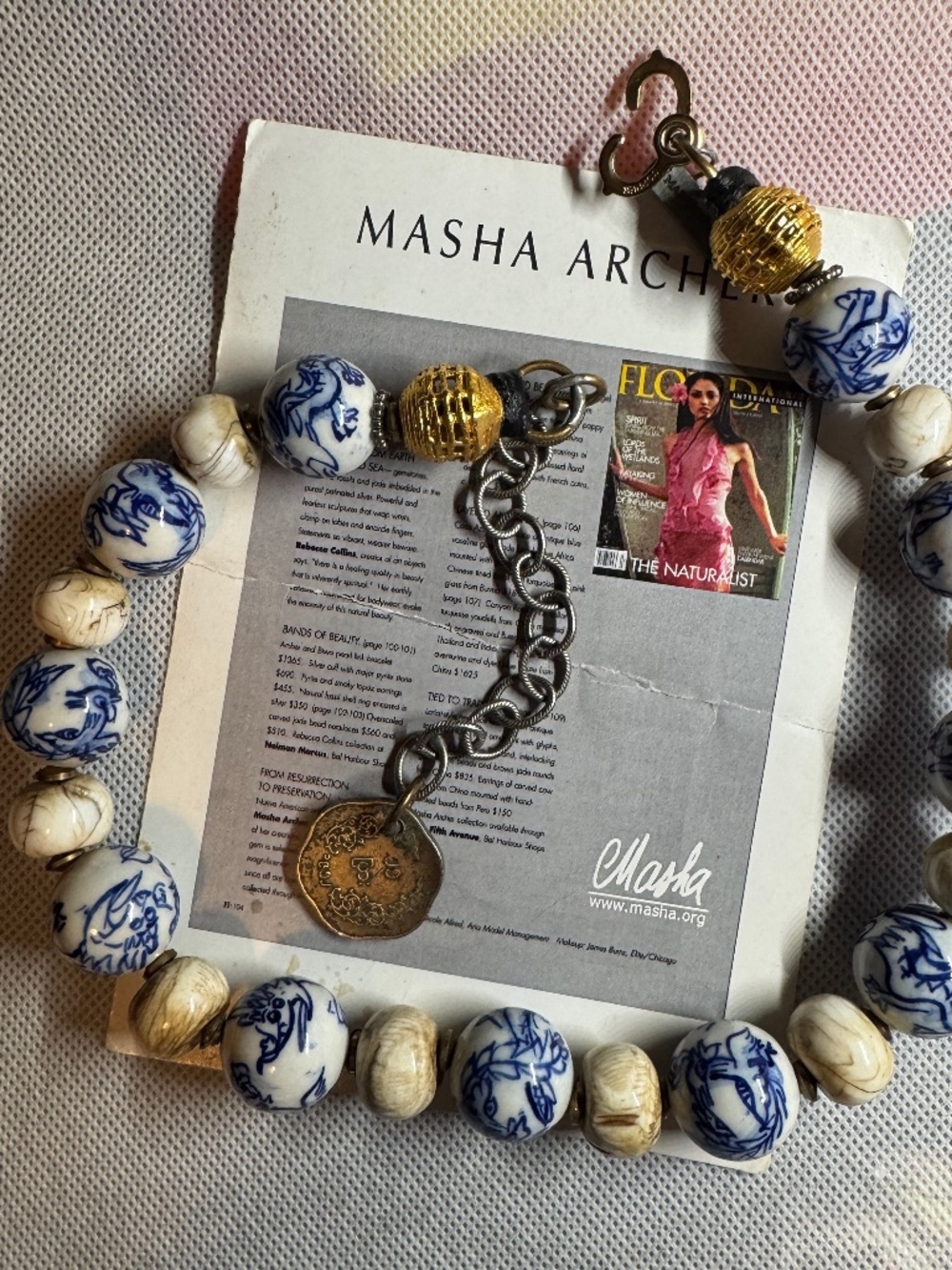 Masha Archer Vintage Porcelain Dragon Necklace with 24k Gold Cameroon Rounds